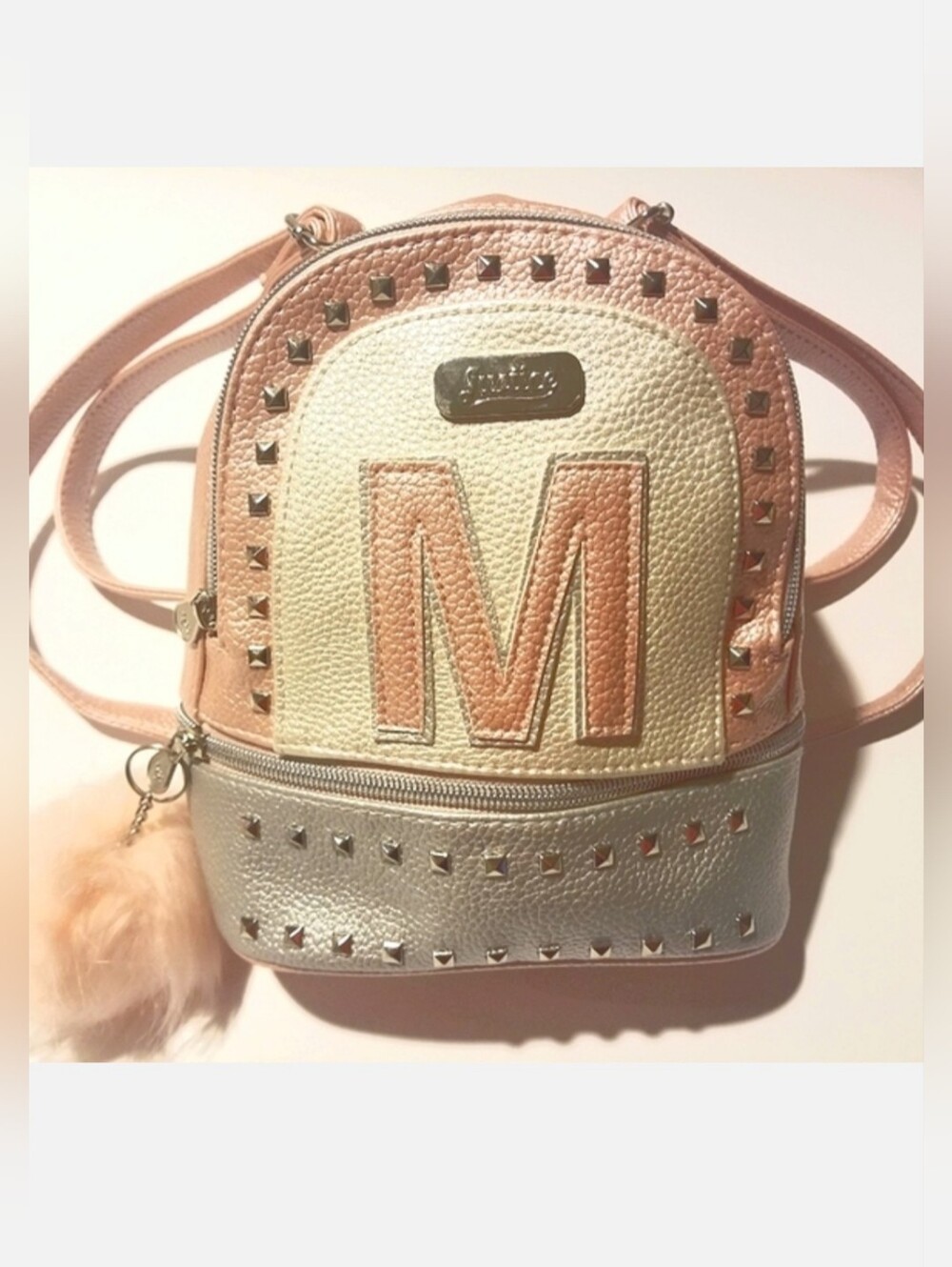 JUSTICE Backpack Mini Pom Pom Puff Strappy Barbie PINK M Monogram Teen Tween Bag
